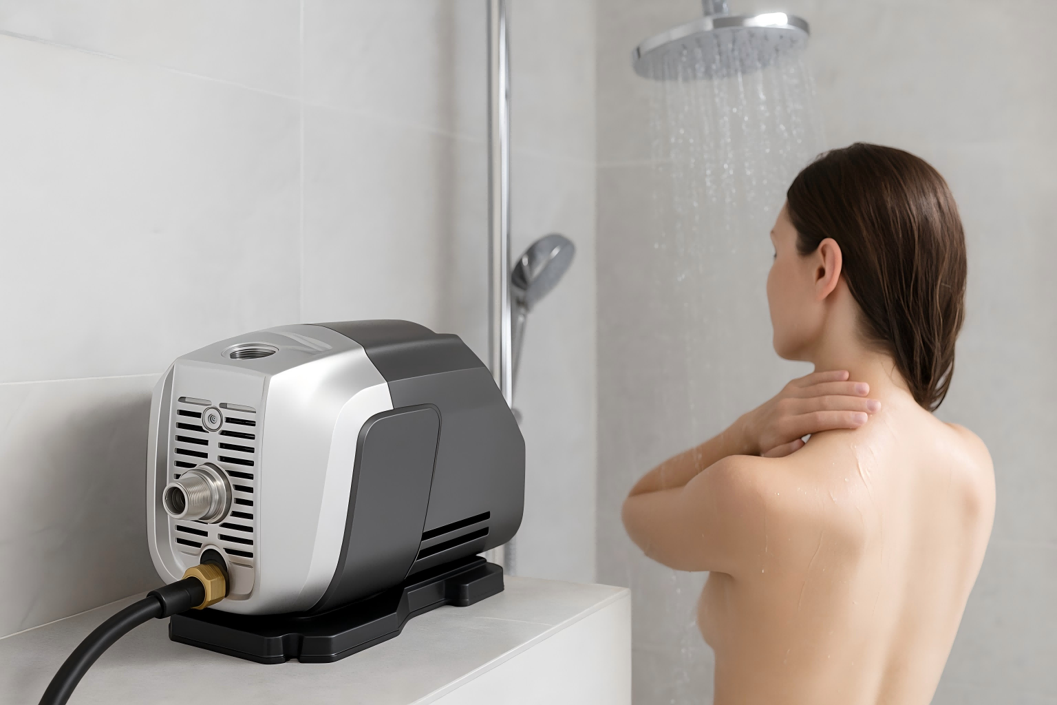 A modern water pressure booster pump installed neatly on a wall
