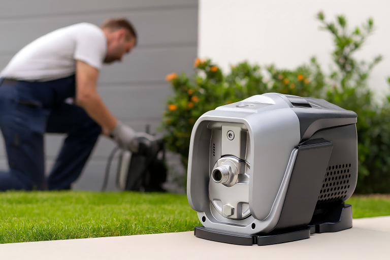A RAFSUN water pressure booster pump installed outdoors in a residential garden setting, designed to provide stable and reliable water pressure for household and irrigation use. The pump features a compact, modern design with durable housing, engineered for quiet operation and high efficiency. In the background, a technician is preparing installation tools, highlighting the pump’s easy setup and professional B2B application.