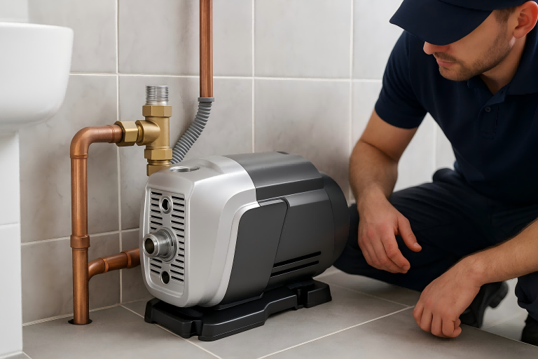 A RAFSUN water pressure booster pump professionally installed with copper piping in a residential bathroom, monitored by a technician. This durable constant pressure pump ensures stable water flow for showers, faucets, kitchens, and multi-story household water systems, reflecting RAFSUN’s advanced booster pump technology.