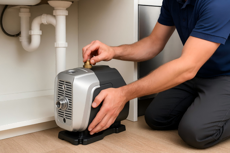A RAFSUN water pressure booster pump professionally installed with copper piping in a residential bathroom, monitored by a technician. This durable constant pressure pump ensures stable water flow for showers, faucets, kitchens, and multi-story household water systems, reflecting RAFSUN’s advanced booster pump technology.