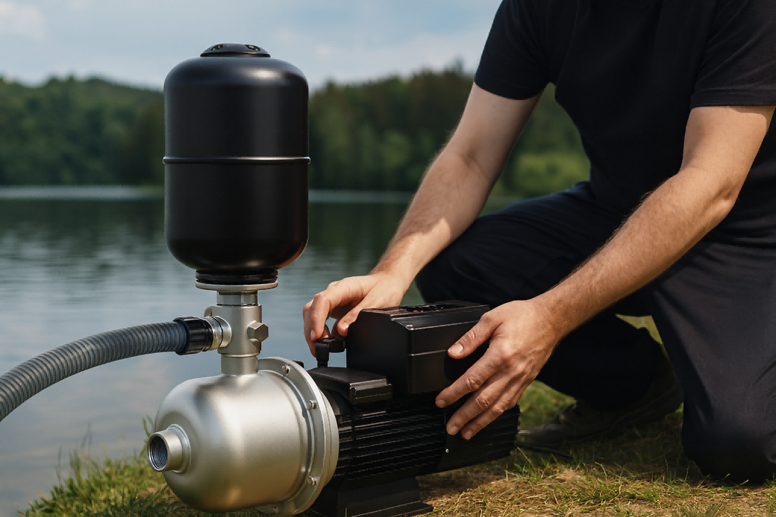 A centrifugal pump set up on the shore of a lake