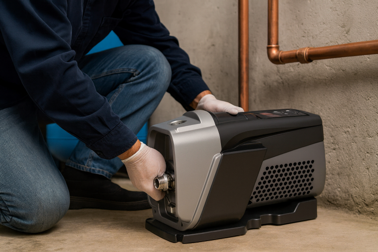 A professional technician in a blue uniform is kneeling in a modern residential utility room, inspecting and connecting a sleek RAFSUN intelligent booster pump to copper water pipes. The pump features a compact, aerodynamic design with a silver-gray housing and integrated digital control panel, emphasizing advanced engineering and energy efficiency. The clean, well-lit environment showcases the pump’s role in solving low water pressure issues commonly found in multi-story homes or properties with weak municipal water supply. This high-performance RAFSUN booster pump ensures consistent water flow and optimal pressure for daily household use.