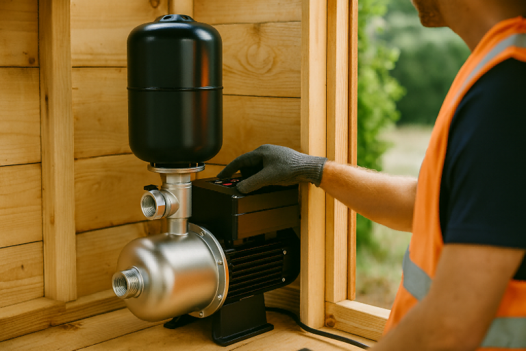A professional technician adjusts a RAFSUN stainless steel VFD booster pump installed inside a compact wooden pump house. The clean, well-ventilated utility room features a properly sized layout with space for the pump, pressure tank, and maintenance access. Natural light enters through the open doorway, emphasizing the durable build and efficient installation. This image illustrates the recommended dimensions and setup for an ideal pump house size for residential or commercial water systems, showcasing RAFSUN’s advanced engineering and reliability.