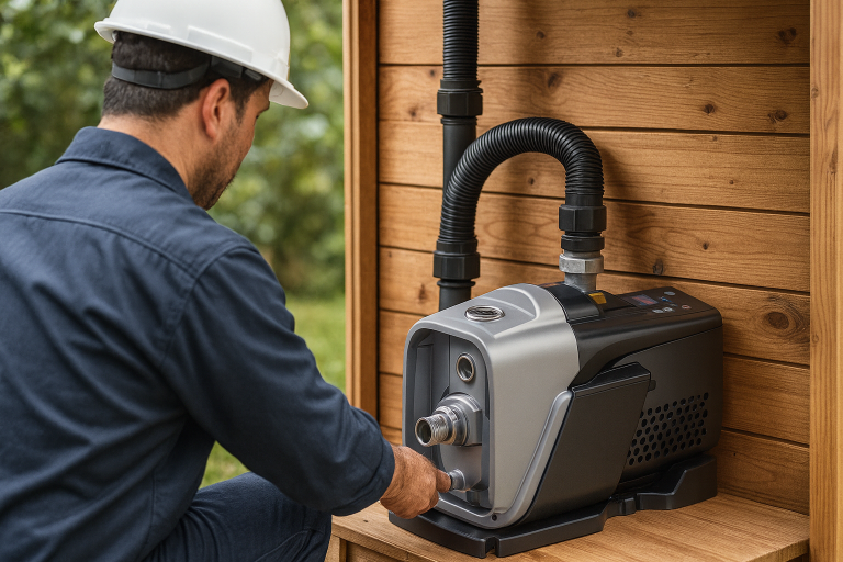 A professional technician is installing a RAFSUN water pump inside a wooden pump house. The sleek, modern booster pump is securely connected to black inlet and outlet hoses and mounted on a stable base. Sunlight filters through the open space, highlighting the clean setup and professional workmanship. The image visually explains how a pump house operates — by housing the pump, pipes, and pressure components that work together to maintain consistent water pressure across a property.