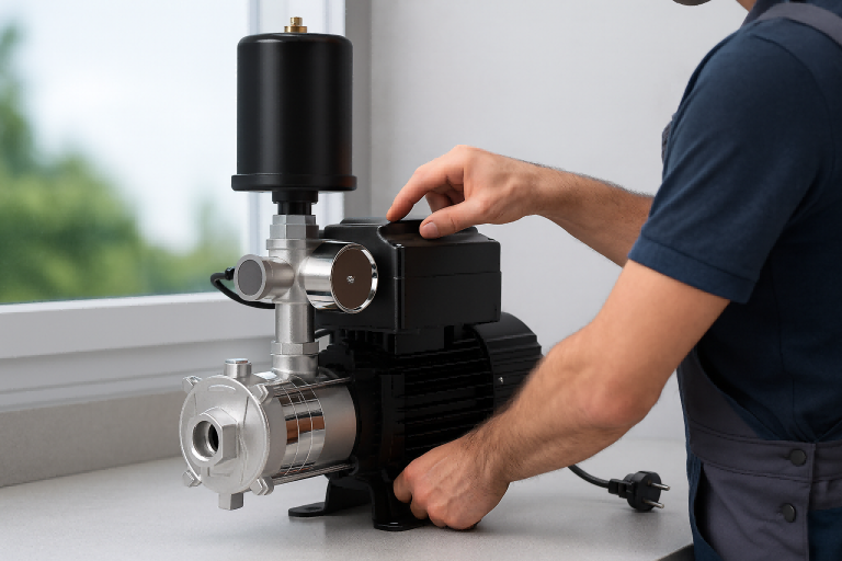 A professional technician adjusts a RAFSUN water booster pump inside a clean, modern utility room, representing how a water supply system works from source to tap. The stainless-steel multistage pump connects to household pipes, maintaining constant water pressure and reliable flow for residential and commercial applications. This realistic setup shows the RAFSUN water supply system in action — efficiently collecting, pressurizing, and distributing clean water through advanced booster technology designed for long-term performance and energy savings.