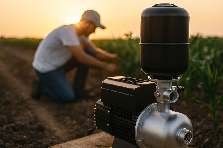 A RAFSUN irrigation water pump installed in a fertile agricultural field during sunset. The sleek stainless steel and black booster pump is shown operating beside growing crops, emphasizing reliability and long service life. In the background, a farmer inspects the plants, representing proper irrigation system maintenance. This realistic scene visually supports the topic “How long do irrigation pumps last?” by showcasing RAFSUN’s high-quality, long-lasting irrigation pump designed for professional agricultural applications.