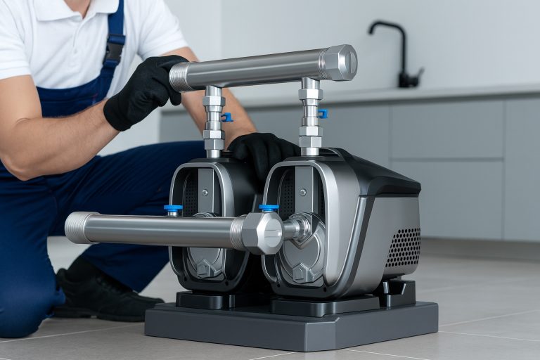 A professional technician adjusts a RAFSUN VFD booster pump system installed in a modern home utility area. The sleek dual stainless-steel pumps ensure constant water pressure and high energy efficiency for domestic water supply. This image illustrates the question “How many hours a day does a water pump run?”, showing a durable and intelligent pressure-boosting solution by RAFSUN, ideal for maintaining reliable household water flow with minimal power consumption and quiet operation.