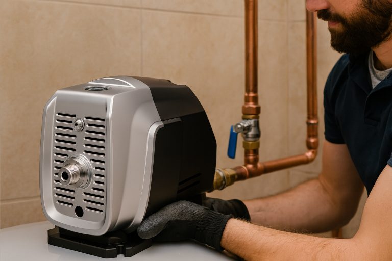 A skilled technician installs a sleek RAFSUN VFD booster pump inside a modern residential utility room. The durable black-and-silver RAFSUN water pump is securely mounted and connected to copper plumbing lines, showcasing its robust design and high-quality construction. This professional installation scene emphasizes the pump’s reliability, energy efficiency, and long service life in maintaining constant household water pressure.