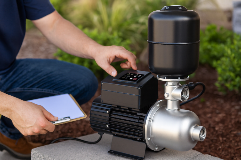 A professional technician is inspecting a RAFSUN irrigation booster pump installed near a landscaped agricultural area. The stainless-steel pump with a black pressure tank and integrated control panel represents a high-performance, energy-efficient solution for modern irrigation systems. This RAFSUN model helps reduce operational costs by optimizing water flow and energy usage. The image showcases a realistic B2B application scene without visible faces, emphasizing product quality, durability, and professional installation.
