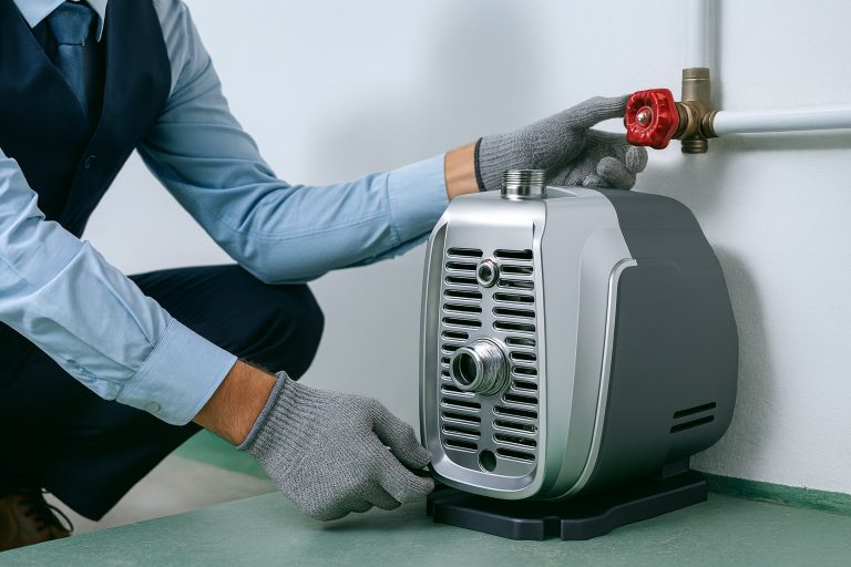 A professional technician adjusts a RAFSUN VFD booster pump installed in a modern home water system. The compact stainless-steel pump is shown connected to the plumbing line, representing advanced energy-saving technology for stable household water pressure. This high-efficiency RAFSUN water pump operates with a variable frequency drive (VFD) that automatically regulates motor speed to minimize electricity consumption. The clean indoor setting and gloved technician emphasize safety, innovation, and reliability in domestic water-pressure applications — perfectly illustrating how much electricity a water pump needs for efficient operation.
