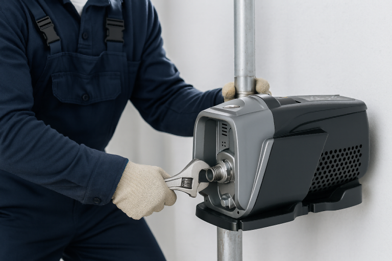 A professional technician installs a RAFSUN centrifugal water booster pump in a modern utility room. The sleek gray and black pump features stainless steel fittings and a digital control panel, emphasizing efficiency and reliability. This high-performance RAFSUN pump ensures powerful water flow for residential and commercial supply systems, solving low-pressure problems effectively.