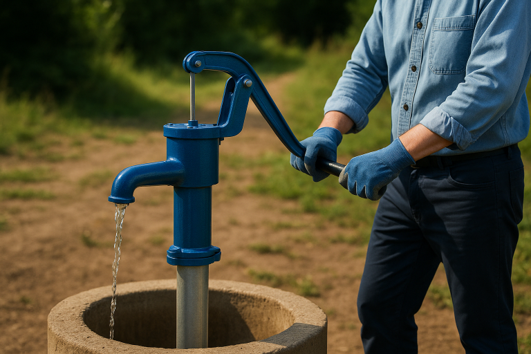 A close-up view of a professional technician operating a manual hand pump installed beside a rural well, demonstrating the practical suction depth limits of traditional hand pump systems. The scene is set outdoors under natural sunlight, showing clear water flowing from the spout while the technician adjusts the handle with gloved hands. The image highlights the contrast between manual pumping and modern solutions like RAFSUN water pumps, which offer deeper, more reliable water access beyond the 25-foot suction limit of typical hand pumps.