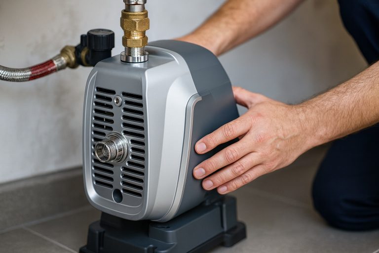 A professional close-up image of a RAFSUN VFD booster pump installed in a modern home water system, designed to demonstrate how to make water go uphill without electricity using advanced pressure control technology. The scene shows a technician’s hands adjusting the sleek silver and gray pump connected to stainless steel pipes on a tiled floor, highlighting the pump’s compact, energy-efficient design. Perfect for illustrating smart home water boosting, constant pressure, and sustainable water flow solutions for residential or commercial use.