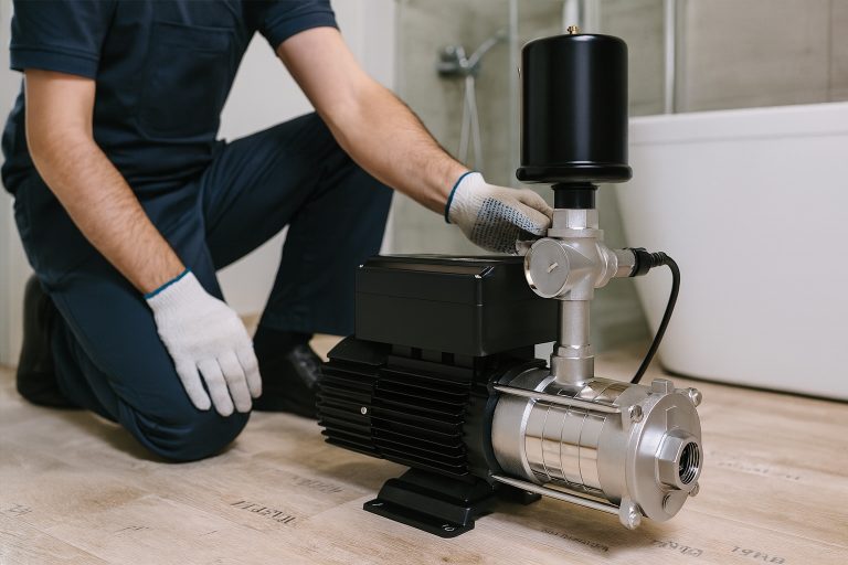 A professional technician kneels beside a RAFSUN intelligent water booster pump installed in a modern bathroom, adjusting the system to ensure optimal household water pressure. The stainless-steel multistage pump is connected to plumbing lines and features a compact control unit and pressure tank. This realistic B2B image illustrates the correct setup and sizing process of a RAFSUN water pump for residential applications, highlighting its efficiency and reliability for showers, faucets, and daily water use.