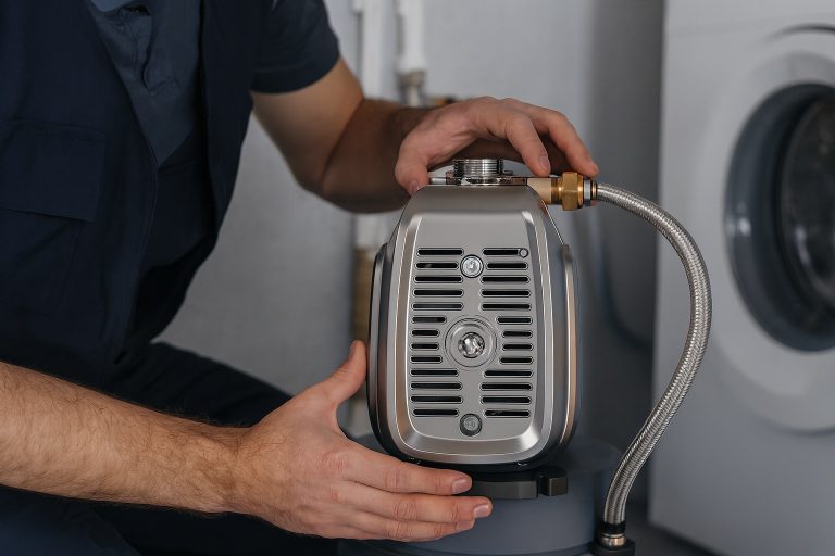 A professional technician adjusts a RAFSUN VFD Booster Pump installed in a modern household utility room. The sleek stainless-steel pump is connected to flexible braided pipes, ensuring efficient and stable water pressure throughout the home. The technician’s hands are visible while inspecting the installation, emphasizing reliability and technical precision. The background includes a clean domestic setting, symbolizing energy-efficient performance and modern water system design. This image represents “Is a pressure pump good for a home?” — highlighting the advantages of using RAFSUN’s intelligent booster pump system for consistent household water supply and energy savings.