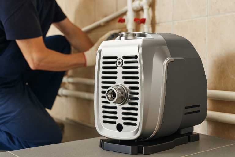 A high-resolution image showing a RAFSUN automatic self-priming water pump installed in a realistic bathroom setting. The sleek silver and gray pump is positioned on a tiled surface, highlighting its durable metal construction and modern industrial design. A professional technician, partially visible and wearing blue overalls, is connecting the plumbing pipes beside the pump. The environment reflects a clean and functional installation area, demonstrating the pump’s role in maintaining stable water pressure for showers and daily household water systems. The scene emphasizes RAFSUN’s reliable performance, quiet operation, and suitability for bathroom and domestic water applications.