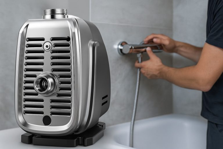 A high-quality RAFSUN automatic self-priming water pump installed beside a modern bathroom shower system. The stainless-steel pump features a sleek metallic design with precision inlets and outlets, ensuring efficient and stable water pressure for domestic applications. A professional technician, partially visible and wearing a dark uniform, adjusts the shower valve, highlighting the pump’s use in daily water supply and bathroom pressure boosting. The clean, tiled bathroom environment emphasizes reliability, advanced engineering, and the modern aesthetic of the RAFSUN brand.