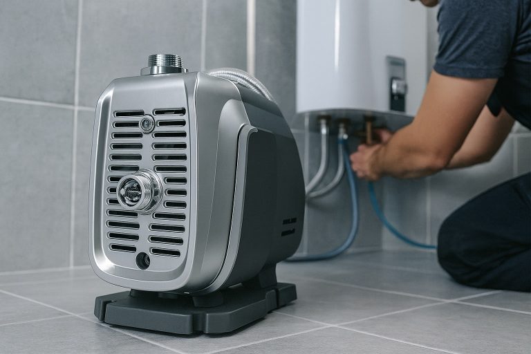 A high-quality RAFSUN automatic self-priming water pump installed in a modern bathroom setting. The pump features a sleek silver and black design with a durable casing and precision metal fittings, positioned on a tiled floor near a water heater. A technician wearing professional attire is connecting water pipes in the background, ensuring proper installation. The scene highlights the pump’s role in maintaining steady water pressure for showers, hot water systems, and daily household use. The lighting emphasizes the pump’s modern design and advanced engineering.