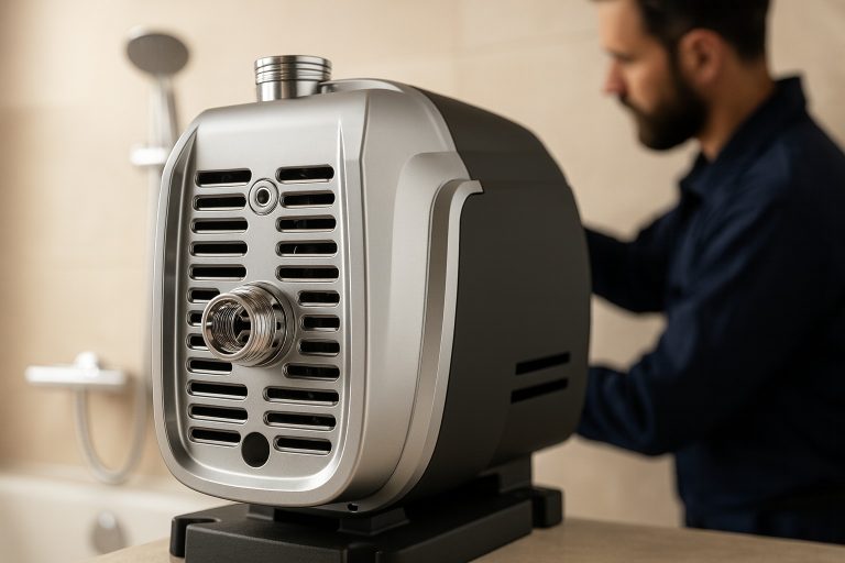 A detailed close-up image of a RAFSUN automatic self-priming water pump installed in a modern bathroom environment. The pump features a sleek metallic body with a silver front grille and stainless steel fittings, designed for household water pressure boosting. In the background, a professional technician adjusts the plumbing near a shower area, highlighting the pump’s real-world application for domestic water supply, showers, and daily use. The scene is well-lit, clean, and realistic, ideal for B2B product presentation.