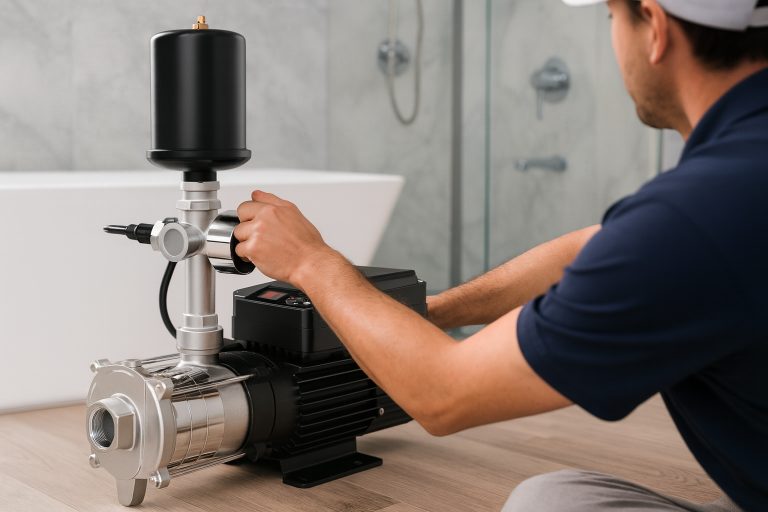 A professional technician installs a RAFSUN automatic water pressure pump beside a modern bathroom shower. The compact black-and-silver pump features a built-in control unit and pressure tank, designed to maintain constant water flow and stable pressure. The environment includes a sleek bathtub and glass shower enclosure, representing real residential applications such as bathroom water boosting. The image highlights RAFSUN’s precision engineering, quiet operation, and durable stainless-steel construction in a clean, realistic B2B installation scene.