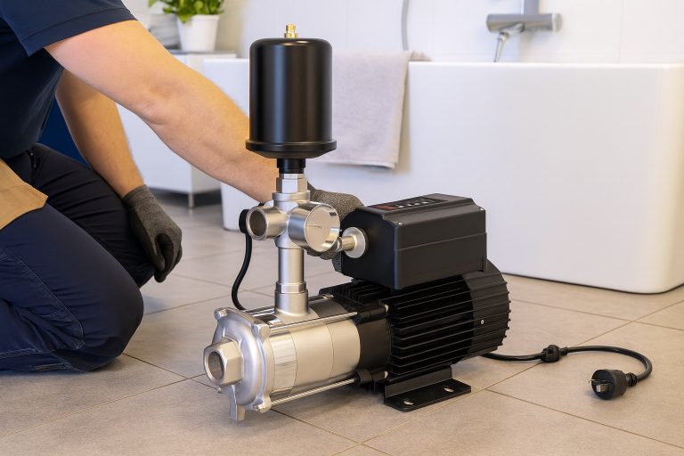 A professional technician installs a RAFSUN automatic water pressure pump beside a modern white bathtub in a clean, tiled bathroom. The sleek stainless-steel multistage pump with a black controller and pressure tank ensures stable water pressure for showers and household use. The technician, wearing protective gloves, adjusts the fittings carefully, highlighting the product’s industrial design and premium build quality. The setting emphasizes real-life application, reliability, and quiet operation ideal for residential water supply systems.