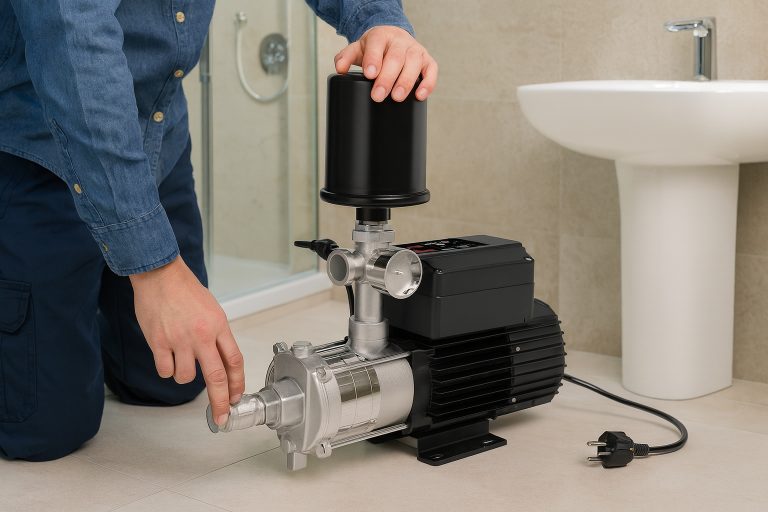 A professional installation scene showing a RAFSUN automatic water pressure pump in a modern bathroom. The black and silver pump is connected to the water system near a sink and glass shower, ensuring stable water flow and consistent pressure for daily household use. A technician in a denim work shirt and navy pants is adjusting the stainless-steel outlet fitting, highlighting the pump’s precision build and smart digital control panel. The environment is clean, bright, and realistic, ideal for showcasing the RAFSUN brand’s reliability and advanced booster technology.