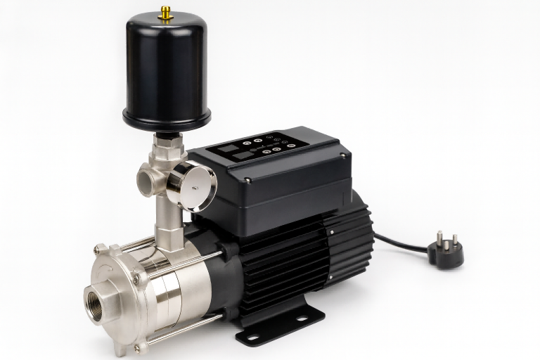 A high-resolution image showing the RAFSUN automatic water pressure pump designed for household and commercial water supply applications. The pump features a sleek black digital control module with LED indicators mounted above a stainless steel multistage body and a compact expansion tank for maintaining steady water pressure. Its durable design, efficient motor, and precision-engineered fittings demonstrate RAFSUN’s advanced craftsmanship and reliability in boosting water flow for showers, kitchens, and multi-story buildings.