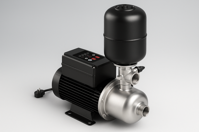 A premium 3D-rendered RAFSUN VFD booster pump showcased on a bright, light-gray background. The metallic stainless-steel pump body and matte black pressure tank are illuminated with soft, even lighting that enhances the details of its smooth contours and advanced digital control panel. The realistic reflections highlight the product’s precision engineering, making it appear modern, efficient, and professional — ideal for illustrating solutions to low water pressure and plumbing issues.