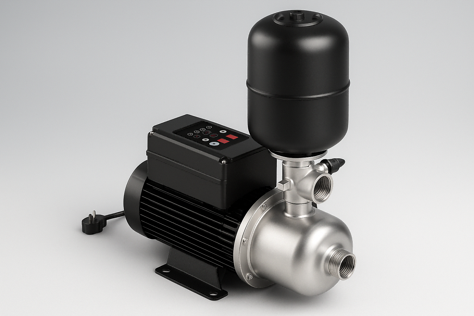 A premium 3D-rendered RAFSUN VFD booster pump showcased on a bright, light-gray background. The metallic stainless-steel pump body and matte black pressure tank are illuminated with soft, even lighting that enhances the details of its smooth contours and advanced digital control panel. The realistic reflections highlight the product’s precision engineering, making it appear modern, efficient, and professional — ideal for illustrating solutions to low water pressure and plumbing issues.