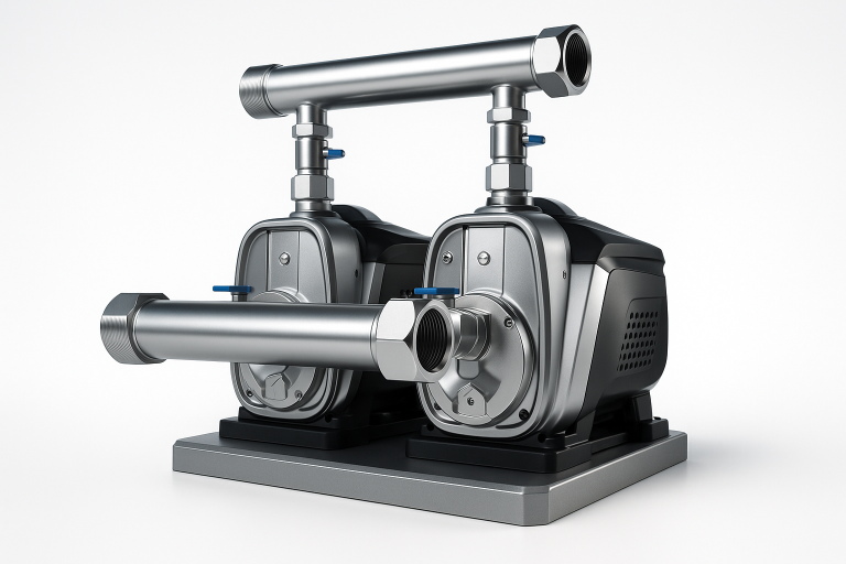 A high-definition 3D rendering of a RAFSUN dual VFD booster pump system, featuring two stainless-steel pumps mounted on a solid base with precision-engineered metal pipes and modern black motor housings. The bright, minimal studio background enhances the pump’s polished metallic texture and advanced design. This image showcases RAFSUN’s premium craftsmanship and smart control technology, representing the best brand choice for high-efficiency, durable, and intelligent water pressure systems.