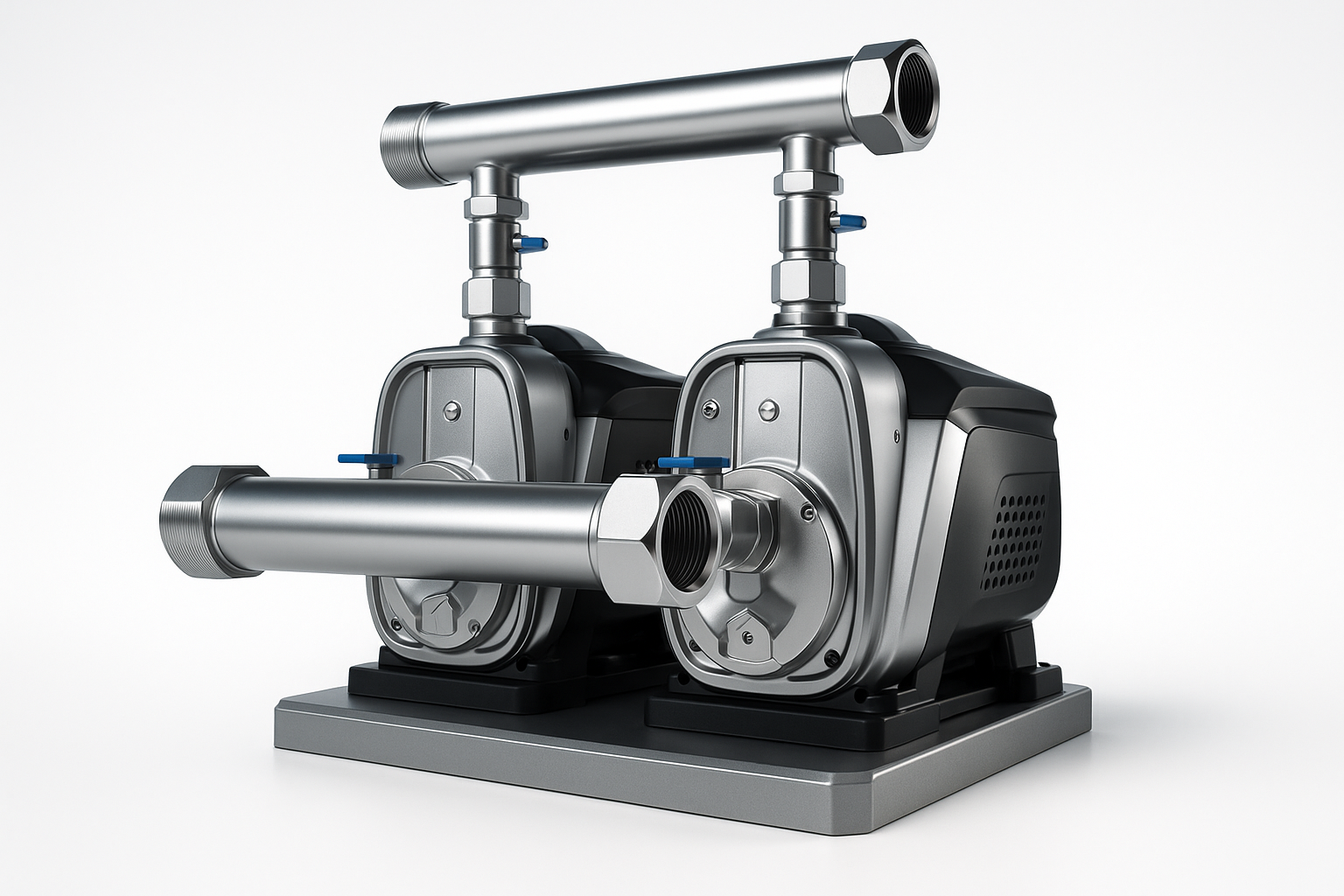A high-definition 3D rendering of a RAFSUN dual VFD booster pump system, featuring two stainless-steel pumps mounted on a solid base with precision-engineered metal pipes and modern black motor housings. The bright, minimal studio background enhances the pump’s polished metallic texture and advanced design. This image showcases RAFSUN’s premium craftsmanship and smart control technology, representing the best brand choice for high-efficiency, durable, and intelligent water pressure systems.