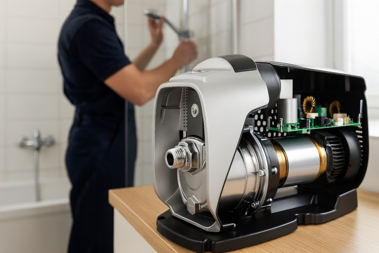 A high-resolution image showing a RAFSUN centrifugal water pump installed in a modern bathroom. The pump’s metallic casing and internal electronic components are visible, emphasizing its advanced design and engineering precision. In the background, a professional technician adjusts a shower fixture, illustrating the pump’s real-world application in boosting household water pressure for showers and daily water use. The scene highlights the reliability, performance, and practicality of RAFSUN centrifugal pumps, which are widely used for residential water supply, pressure boosting, and efficient water circulation.