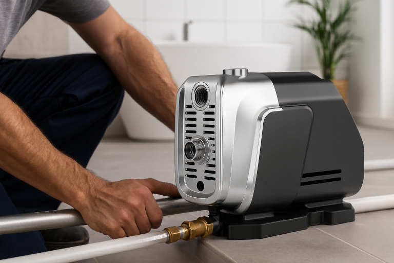 A professional technician installs a RAFSUN centrifugal booster pump in a modern bathroom setting. The sleek silver and black RAFSUN pump is securely connected to plumbing lines, highlighting its efficient and compact design. The scene captures the pump’s reliable performance and quiet operation—key advantages of a centrifugal pump used for boosting water pressure in residential applications such as showers, water heaters, and daily household use. The environment is bright and realistic, ideal for B2B product presentation.