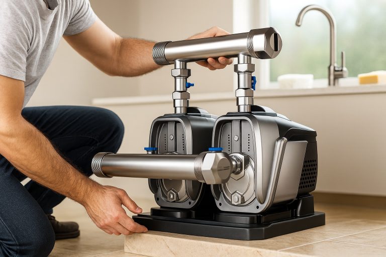 A technician installs a RAFSUN Duplex Booster Pump system featuring two stainless-steel, high-efficiency pumps mounted side by side on a sturdy black base. The setup is placed in a bright, modern bathroom environment with a sink and window in the background. The image highlights the precision engineering, corrosion-resistant fittings, and compact design ideal for maintaining consistent water pressure in multi-story homes, apartments, or light commercial buildings. The RAFSUN twin booster system demonstrates professional-grade reliability and quiet operation for everyday water supply needs.