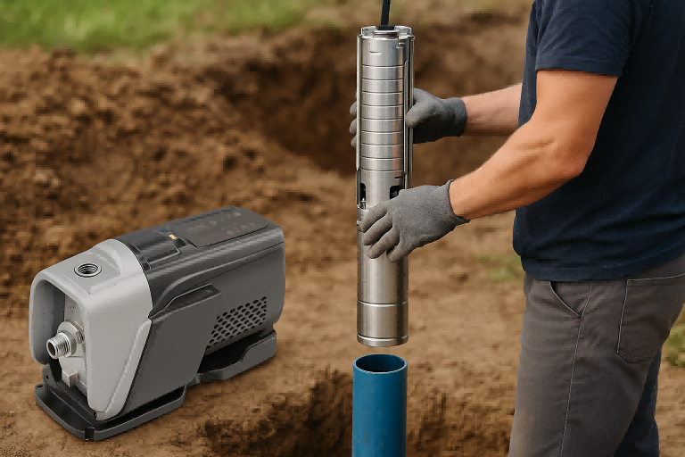 A professional technician is seen working at a well installation site, wearing gloves and adjusting a stainless steel RAFSUN submersible pump being lowered into a blue PVC well casing. Nearby, a RAFSUN surface jet pump rests securely on the ground, showcasing its modern control panel and compact design. The environment is a clean, realistic work site with soil and natural daylight, highlighting both pump types used for shallow and deep wells in residential or light industrial applications.
