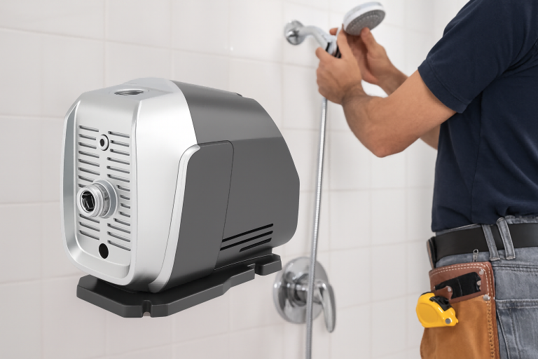 A realistic image showing a sleek RAFSUN water pressure booster pump installed beside a modern shower system. The silver and black pump is placed on a stable base near plumbing connections, while a professional technician adjusts the showerhead in a bright bathroom setting. The image highlights the pump’s premium design and its application in household water pressure boosting for bathrooms and showers, ideal for B2B product promotion.