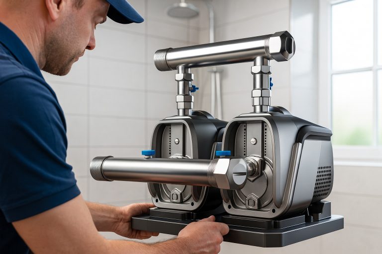 A professional installer positions two RAFSUN Twin Booster Pumps on a mounting base inside a bright, tiled bathroom. The dual stainless-steel pumps feature precision connectors and a modern design, emphasizing durability and reliability. Natural light from the window enhances the clean, professional look, showcasing the system’s capability to deliver steady water pressure for showers, faucets, and household plumbing. The image highlights RAFSUN’s engineering excellence in twin booster pump technology for modern residential use.