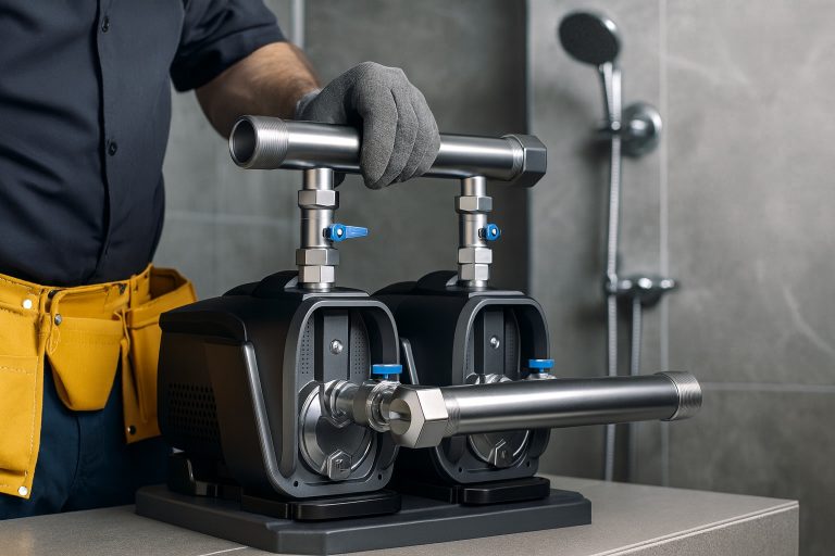 A professional technician wearing protective gloves and a yellow tool belt is installing two RAFSUN Twin Booster Pumps in a modern bathroom setting. The stainless-steel pipes and precision fittings emphasize durability and industrial-grade design. The background shows a clean shower area, highlighting the system’s purpose for consistent water pressure in residential or commercial applications. This image represents RAFSUN’s advanced twin booster technology, engineered for efficiency, reliability, and quiet operation in water supply systems.
