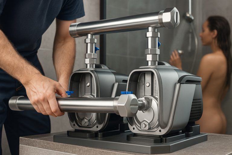 A detailed image showcasing two RAFSUN Twin Booster Pumps being installed by a professional technician in a modern bathroom setting. The stainless-steel piping and precision fittings emphasize the pumps’ durability and engineering quality. In the background, a person is using the shower, illustrating the pumps’ ability to maintain constant, stable water pressure for household or commercial applications. The photo highlights the twin booster system’s efficiency, reliability, and suitability for continuous water supply solutions.