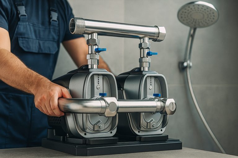 A detailed image showcasing a professional technician installing a RAFSUN twin pressure pump system in a modern bathroom. The two sleek, stainless-steel-connected pumps are designed for automatic water pressure boosting, ensuring steady flow for showers, faucets, and multi-story building applications. The setup highlights premium craftsmanship, durable materials, and compact engineering, with the technician’s hands adjusting the system, adding realism to this professional B2B presentation.