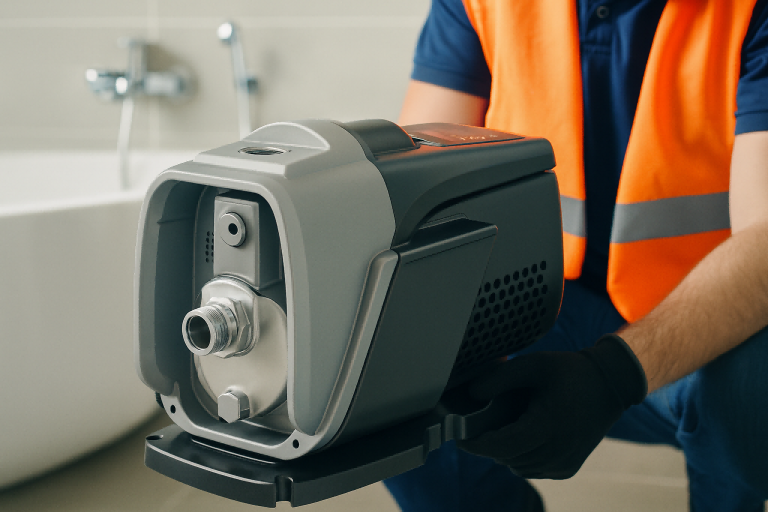 A professional technician wearing safety gloves and an orange vest installs a RAFSUN water pressure booster pump in a modern bathroom setting. The pump features a sleek gray and silver design with a digital control panel on top, demonstrating its premium build quality. The background shows a blurred bathtub and chrome fixtures, highlighting the product’s application for domestic water pressure boosting in showers and bathrooms. The image emphasizes durability, efficiency, and B2B reliability of the RAFSUN booster pump system.
