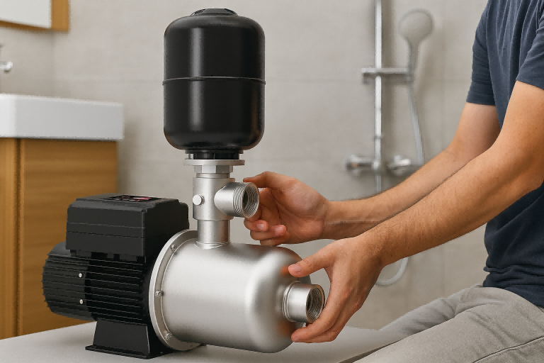 A high-quality RAFSUN water pressure booster pump installed in a modern bathroom setting. The pump features a durable stainless-steel body, black expansion tank, and intelligent control module for automatic constant pressure operation. A technician, whose face is not visible, is adjusting the pump connections, demonstrating real-world installation and usage. This RAFSUN booster pump is designed for applications such as showers, kitchen water supply, washing machines, dishwashers, and multi-story building pressure systems, ensuring stable and efficient water flow.