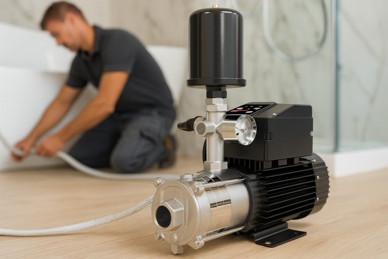 A high-quality RAFSUN water pressure booster pump installed in a modern bathroom setting. The pump features a sleek black control module with a stainless steel multistage housing, pressure tank, and precision fittings. A professional technician is seen adjusting plumbing connections in the background, illustrating real-world installation and water pressure boosting use for showers, faucets, and daily water supply. The image highlights RAFSUN’s advanced design, durability, and suitability for residential applications.