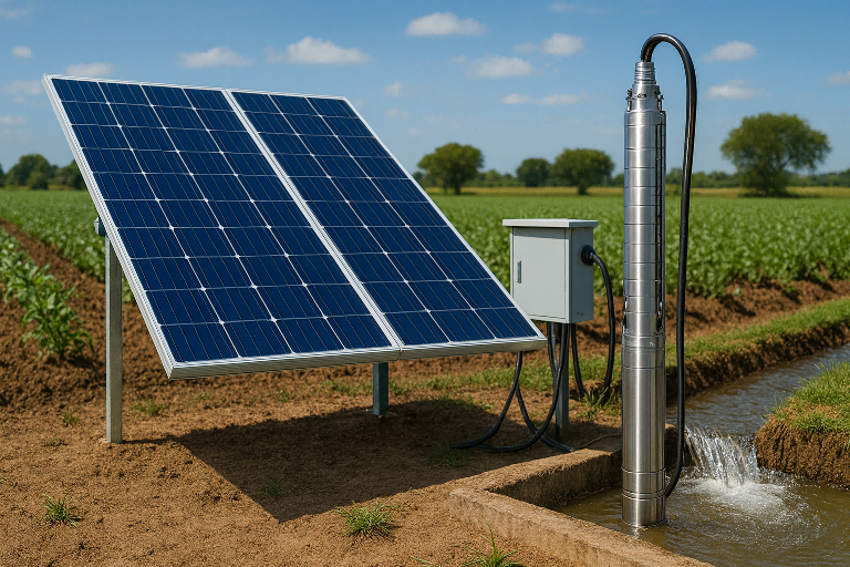 A Rafsun solar pump system installed in a rural agricultural field, featuring photovoltaic solar panels connected to a stainless steel submersible pump that delivers water into an irrigation canal. The setup demonstrates efficient off-grid operation, sustainable water management, and reliable performance powered entirely by solar energy