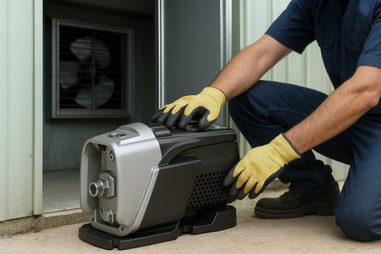 A professional technician kneels beside a modern RAFSUN water booster pump installed inside a ventilated pump house. The sleek, silver-and-black RAFSUN pump is positioned on a clean concrete floor, with a visible ventilation fan in the background ensuring proper airflow. The worker, wearing blue overalls and yellow safety gloves, inspects the pump’s control panel without showing his face. The scene highlights proper ventilation for temperature control and moisture prevention—key to extending the pump’s lifespan and ensuring efficient, safe operation.