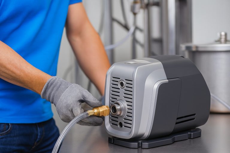 A close-up image of a RAFSUN industrial water pump installed on a clean stainless-steel surface in a professional workshop environment. A technician wearing gray safety gloves and a blue uniform is connecting a hose to the pump’s brass fitting, demonstrating installation or maintenance. The background shows blurred technical equipment, emphasizing a modern, B2B industrial setting. This realistic composition highlights the durability, precision, and advanced engineering of RAFSUN pumps, ideal for understanding the three main types of pumps—centrifugal, positive displacement, and special-type pumps used across various applications.
