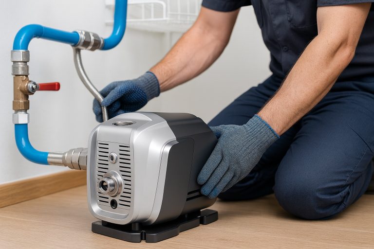 A RAFSUN VFD Booster Pump installed by a professional technician in a modern home utility room, connected to blue and stainless steel piping. The technician, wearing gloves and workwear, adjusts the pump connections without showing his face. This high-efficiency domestic water booster pump automatically regulates and stabilizes household water pressure, ensuring consistent flow throughout the home. The image highlights the reliability, durability, and compact design of RAFSUN’s intelligent VFD pump used for domestic water supply systems.