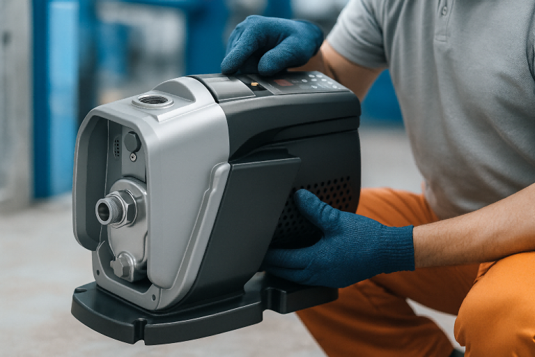 A professional technician inspects a RAFSUN centrifugal water pump inside a clean industrial utility room. The modern pump, featuring a sleek stainless-steel housing and built-in control panel, is being checked for maintenance issues such as cavitation, bearing wear, and impeller damage — the most common problems in centrifugal pumps. The scene emphasizes RAFSUN’s durable engineering, energy-efficient performance, and advanced diagnostics designed to reduce downtime and extend pump lifespan. Ideal for SEO targeting the keyword What is the main problem in a centrifugal pump with brand visibility for RAFSUN.