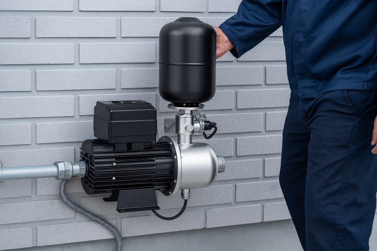 A professional technician in a blue uniform is inspecting a RAFSUN stainless steel centrifugal water pump with a black pressure tank, securely mounted on a clean industrial wall. The image highlights the pump housing, also known as the casing or volute, which protects internal components like the impeller and directs water flow to generate pressure. The setup represents RAFSUN’s precision engineering for durable, energy-efficient water systems in commercial and residential applications.