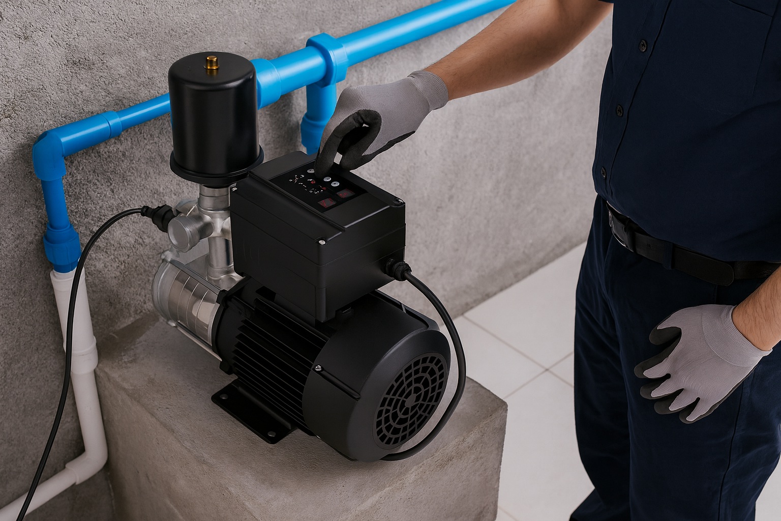 A water pump installed in a clean utility room. alt with keywords
